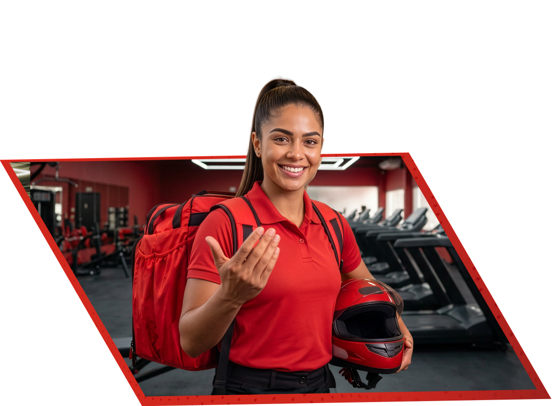 Entregadora sorrindo dentro de uma academia Selfit, segurando o capacete
